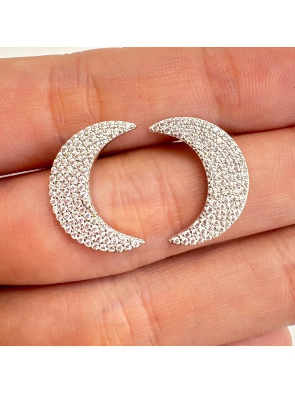 Crescent Moon CZ Crystal Stud Earrings 925 Sterling Silver .75" Length